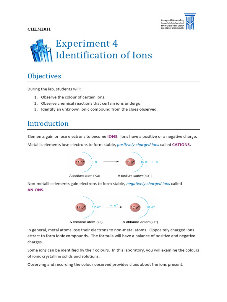 CHEM1011 Exp04 Identification of Ions Instructions | PDF | Ion | Salt ...