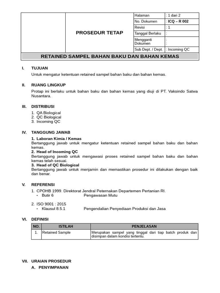 Prosedur Retained Sampel Bahan Baku | PDF