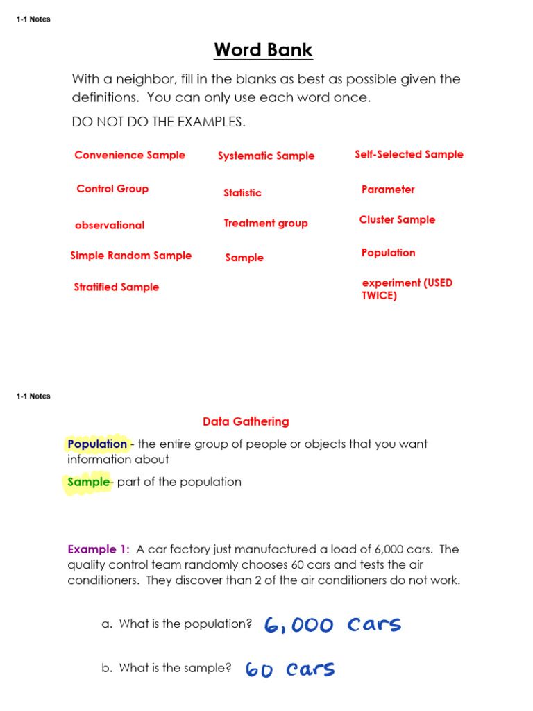 1-1 Notes Gathering Data | PDF | Sampling (Statistics) | Experiment