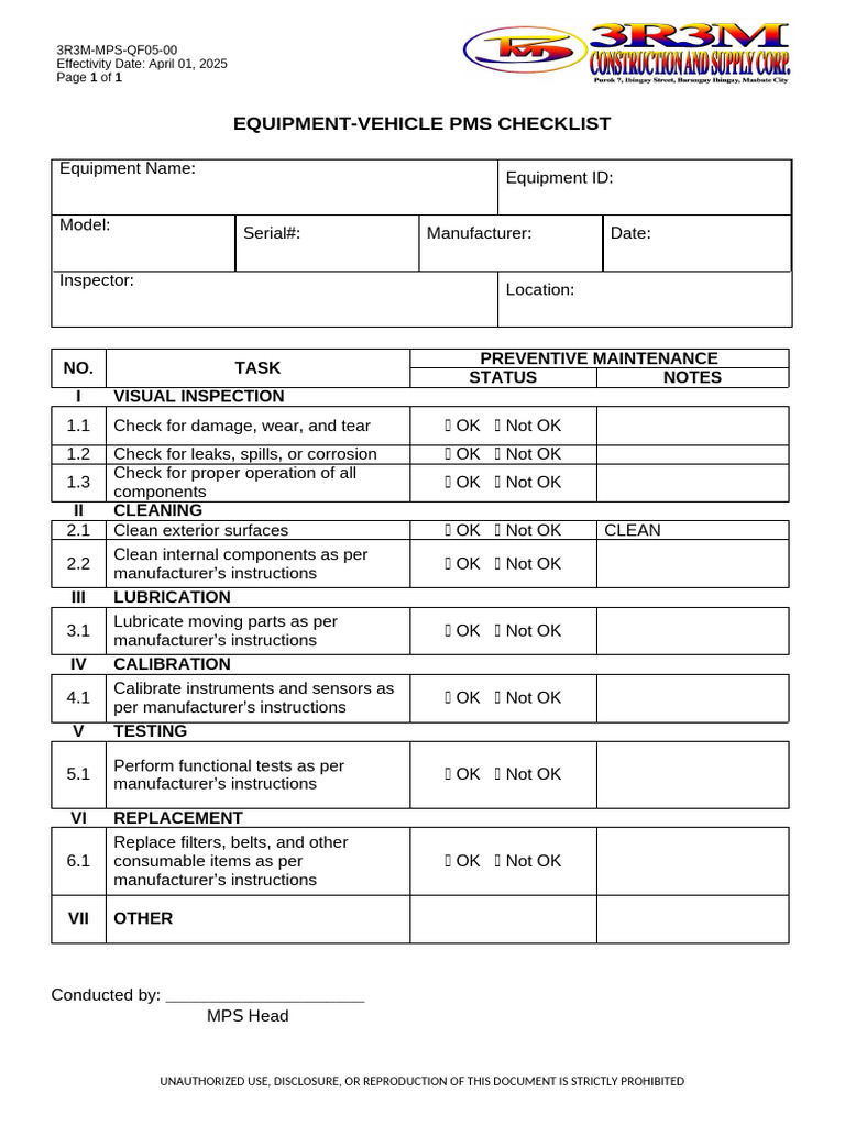 Vehicle PMS Checklist Template | PDF
