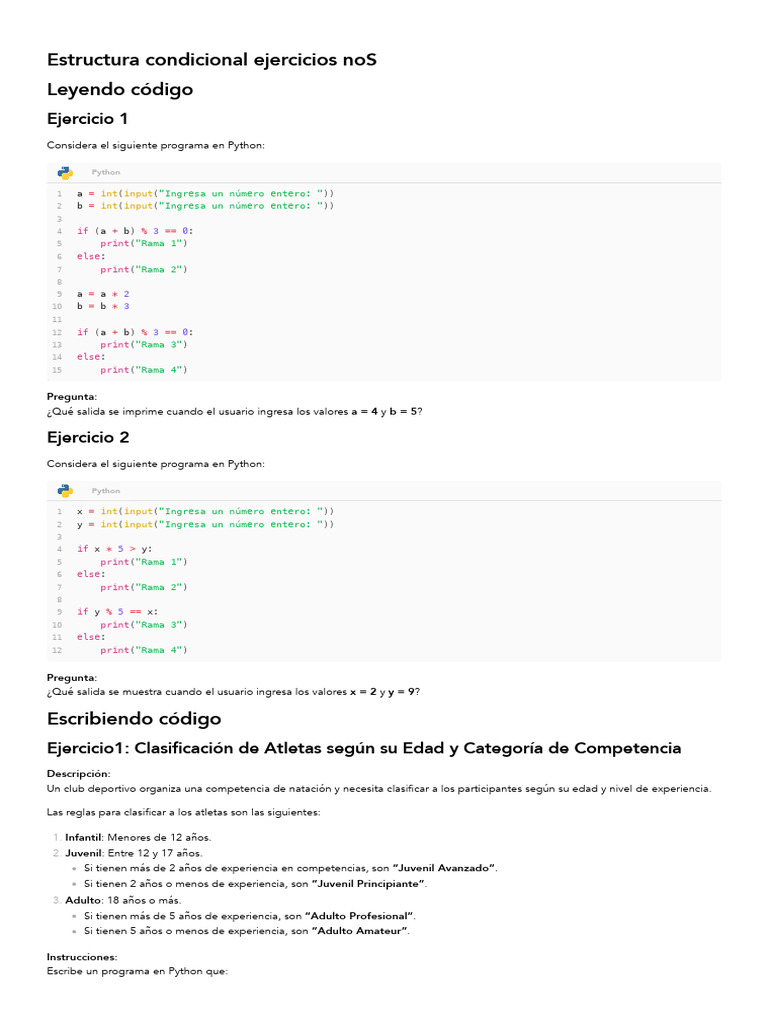 Ejercicios de Python: Condicionales y Clasificación | PDF | Python ...