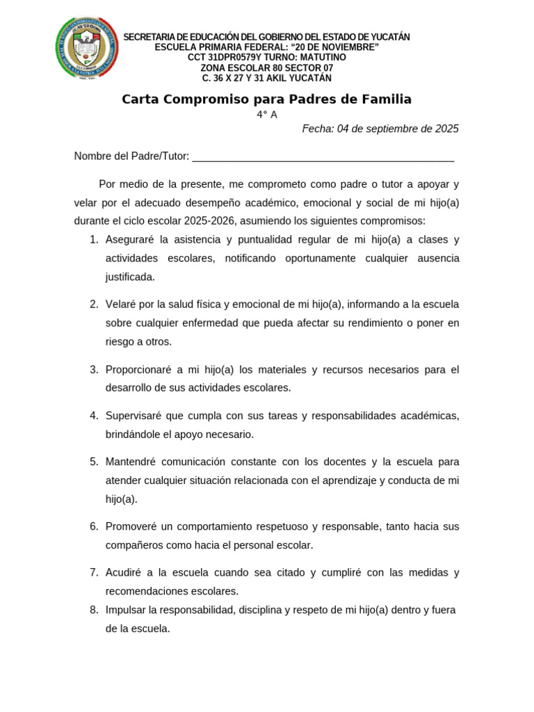 Carta Compromiso Para Padres de Familia | PDF | Escuelas | Aprendizaje