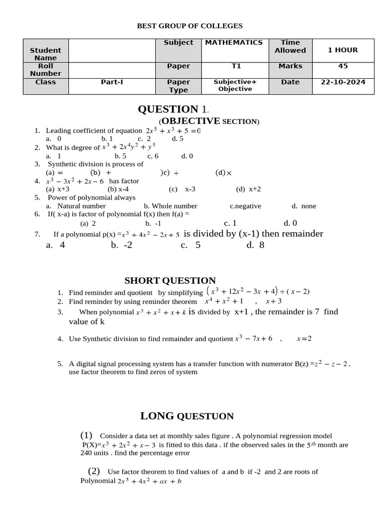 Mathematics Exam Paper with Questions | PDF | Factorization | Polynomial