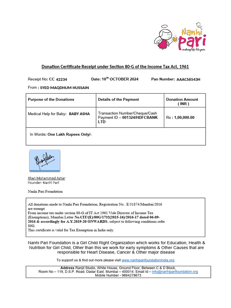 Donation Receipt 80-G Tax Exemption | PDF