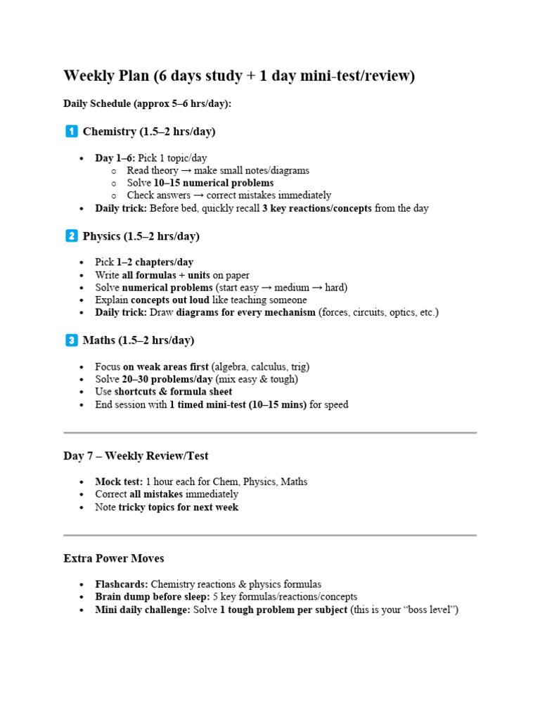 Weekly Study Plan for STEM Subjects | PDF