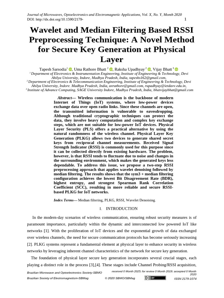 RSSI Preprocessing for Secure IoT Keys | PDF | Wavelet | Internet Of Things