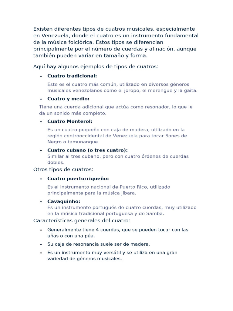 Tipos de Cuatros Musicales en Venezuela | PDF