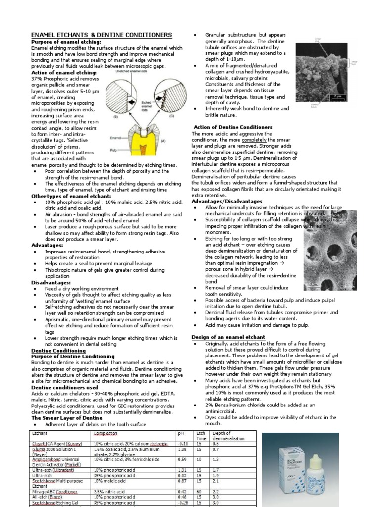 Enamel Etching and Dentine Conditioner PDF Tooth Enamel Dentin