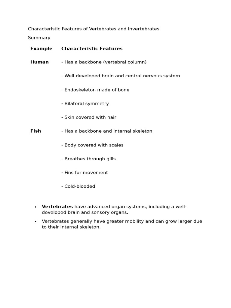 Vertebrates vs. Invertebrates Features | PDF | Skeleton | Invertebrate