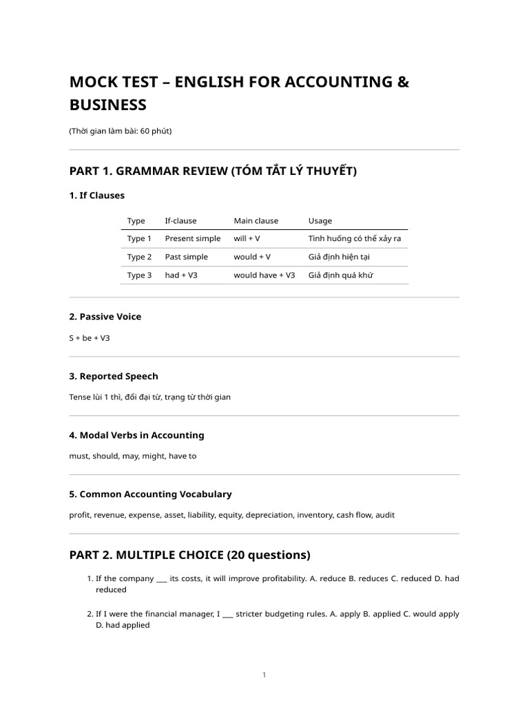 English Grammar for Accounting Test | PDF | Expense | Financial Accounting