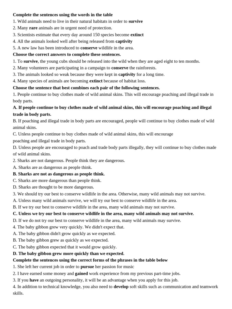 Wildlife Conservation Sentence Exercises | PDF | Wildlife | Poaching