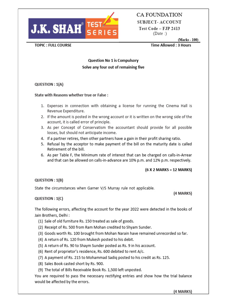 CA Foundation Account Exam Questions | PDF | Expense | Accounting