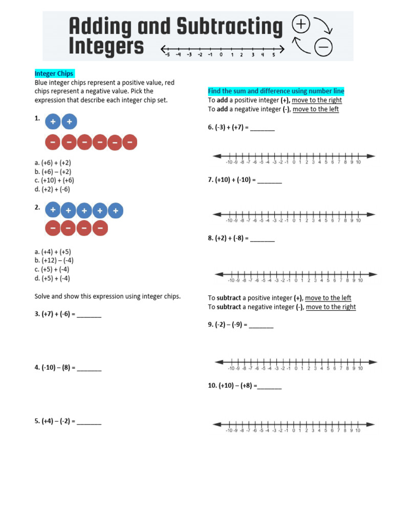 WORKSHEET Adding and Subtracting Integers | PDF