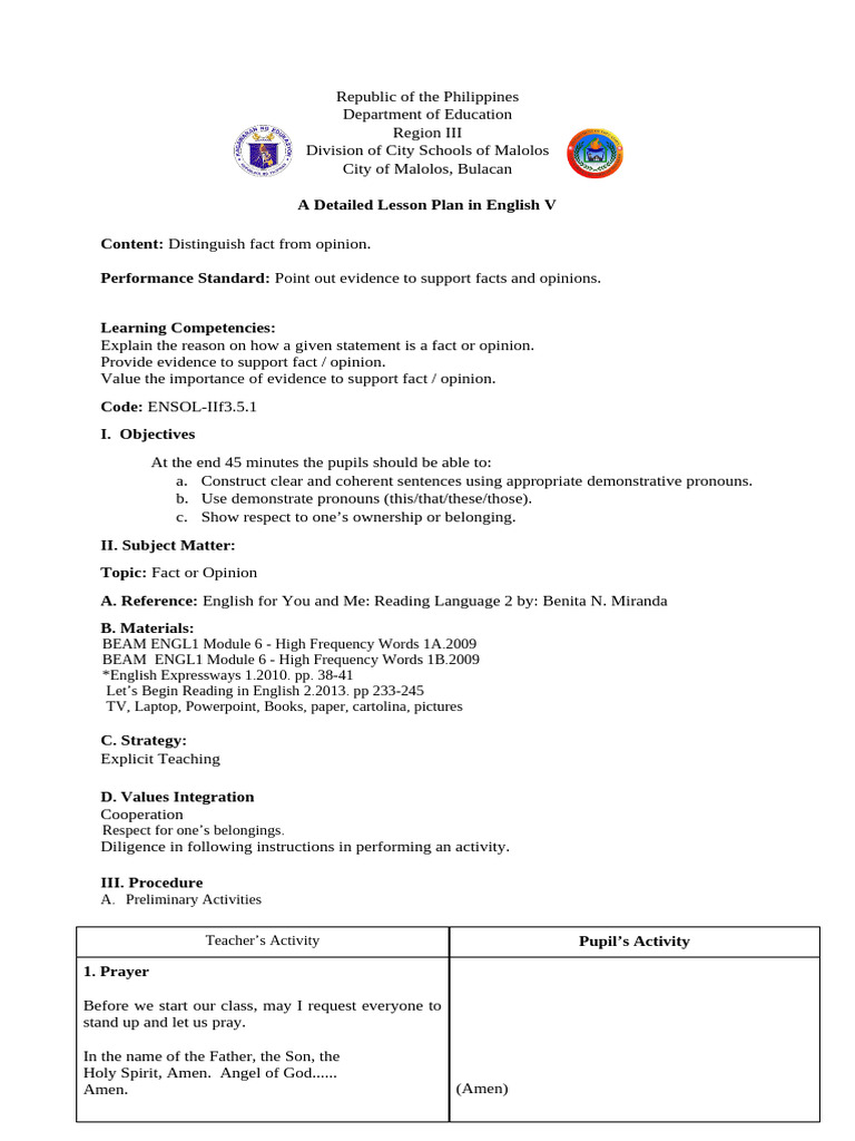 Detailed lesson plan in English V | PDF | English Language | Lesson Plan