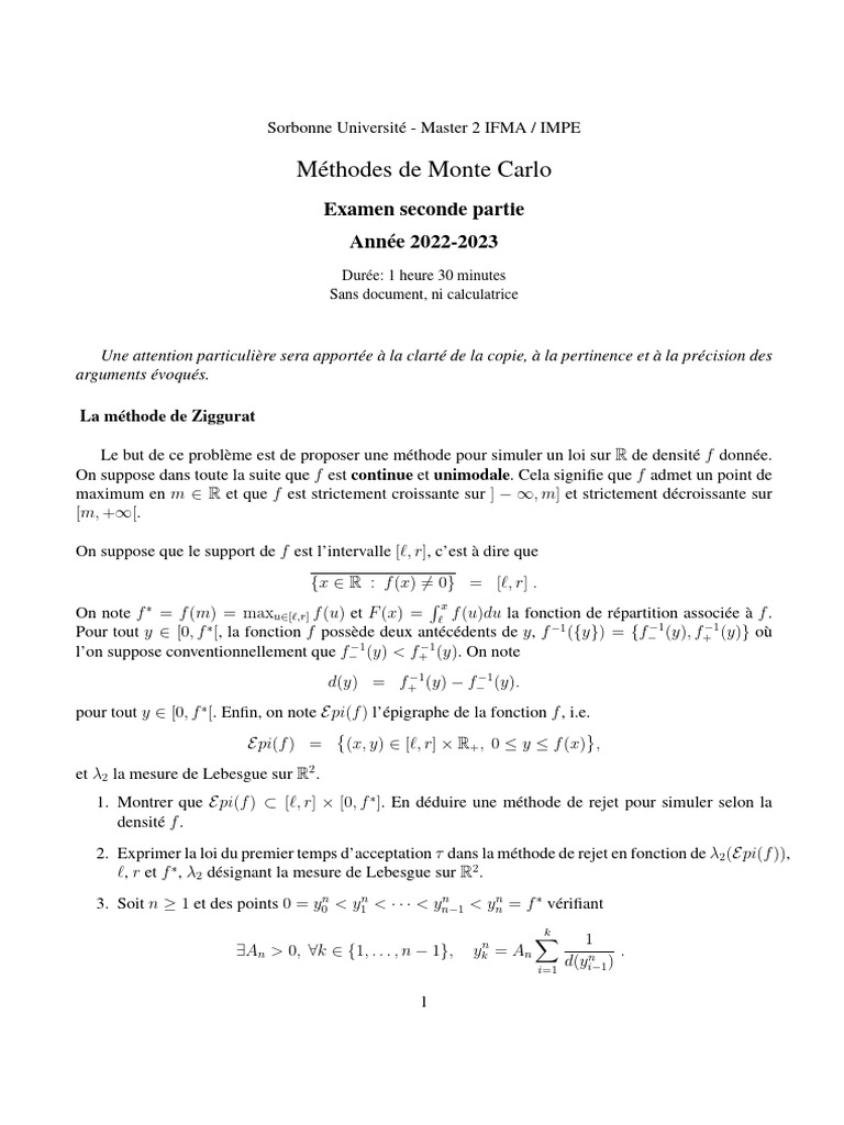 Méthodes de Monte Carlo : Simulation de lois | PDF | Fonction monotone ...