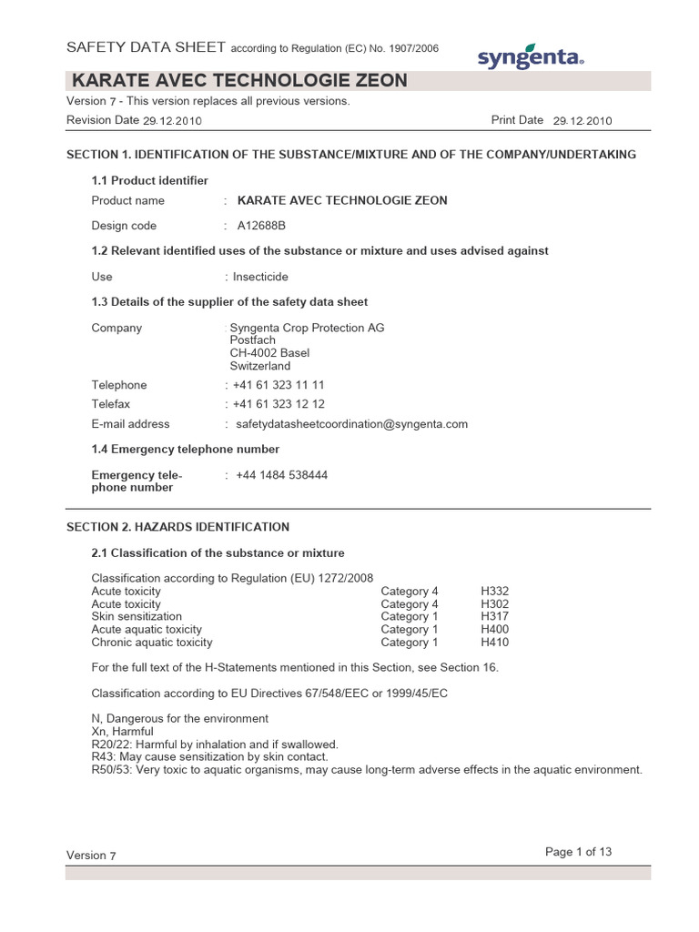 Karate Avec Technologie Zeon - FDS | PDF | Dangerous Goods | Toxicity