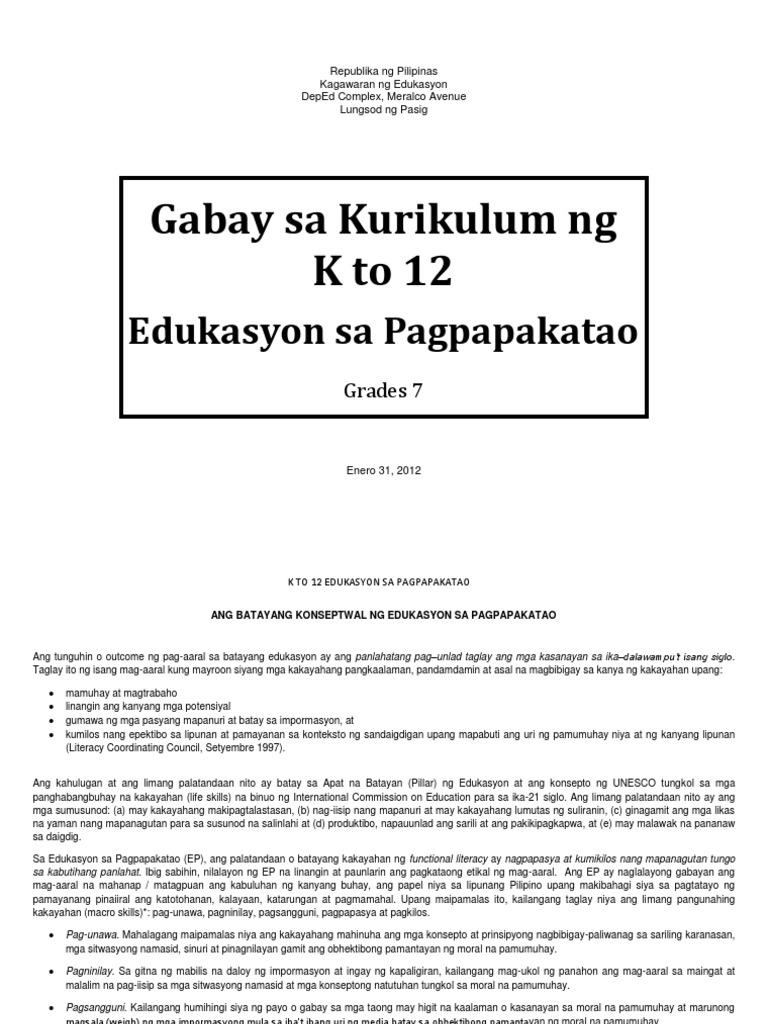 Edukasyon Sa Pagpapakatao k to 12 Curriculum Guide Grade 7