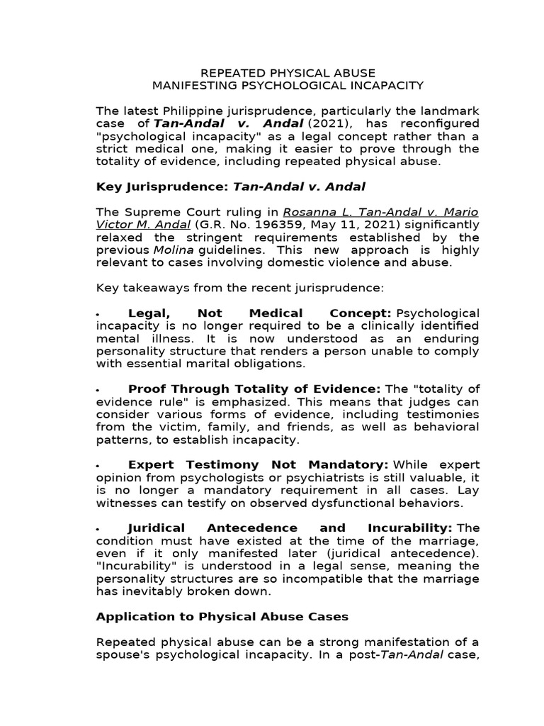 Psychological Incapacity & Abuse Cases | PDF | Annulment | Mental Disorder