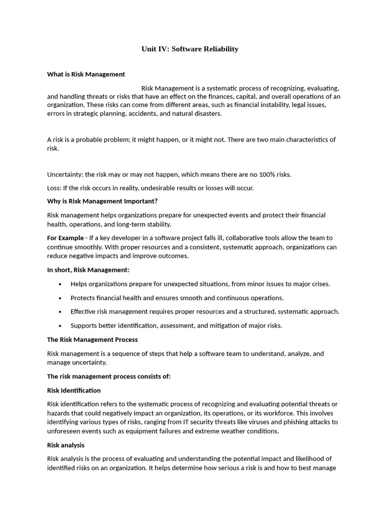 Unit IV SE Notes | PDF | Risk | Risk Management