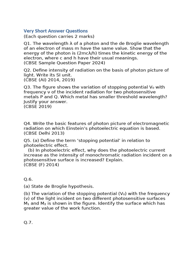 Photon and Electron Interaction Questions | PDF | Photoelectric Effect ...