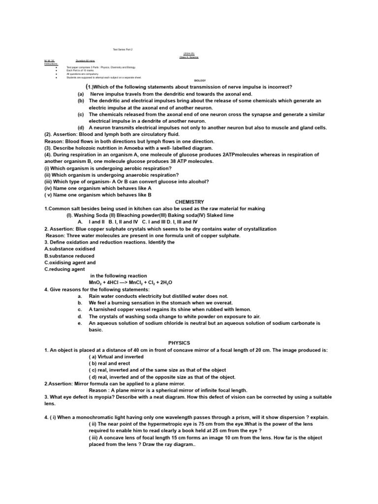 Class X Science Test Series 2024-25 | PDF | Neuron | Action Potential