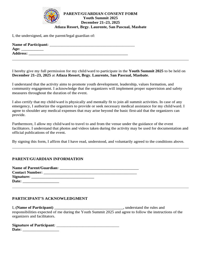 Youth Summit 2025 Consent Form | PDF