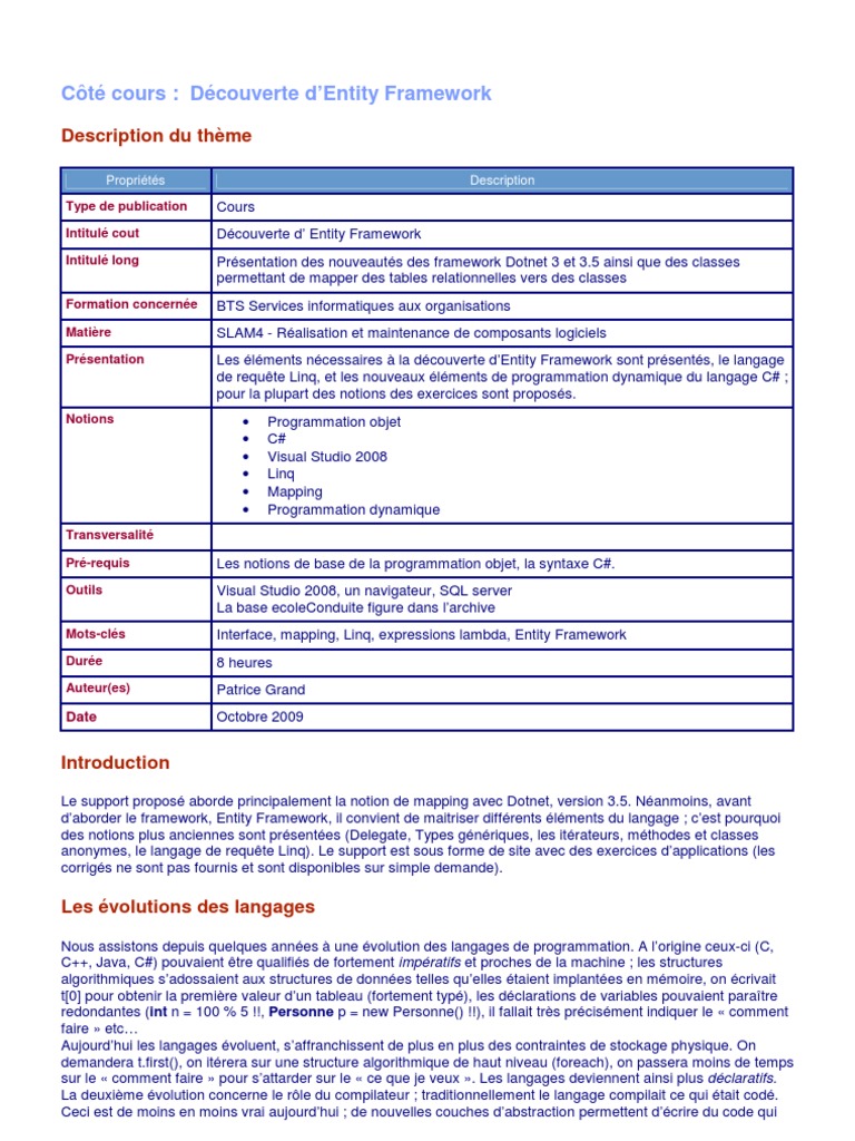 Cote Cours C Sharp Entity Framework | PDF | C# (Langage de ...