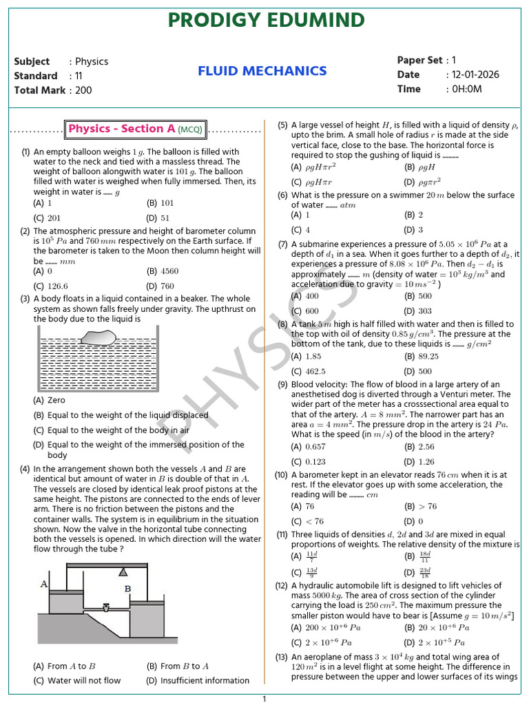 Fluid Mechanics Exam Paper for 11th Grade | PDF | Pressure | Water