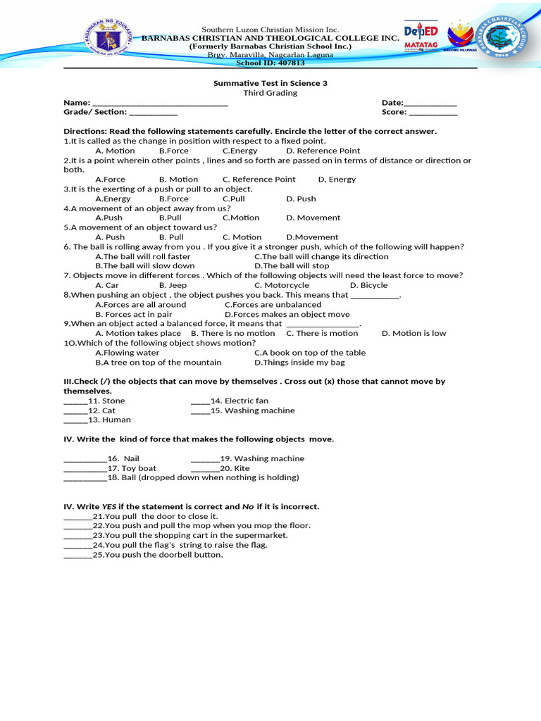 Science 3 Summative Test Questions | PDF | Sound | Force
