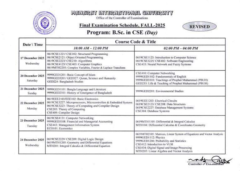 Final Exam Routine CSE (Day) | PDF | Equations | Geometry