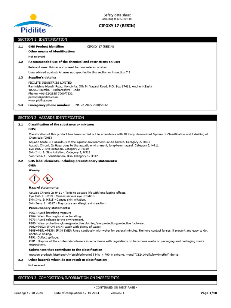 CIPOXY 17 Resin Safety Data Sheet | PDF | Toxicity | Occupational ...