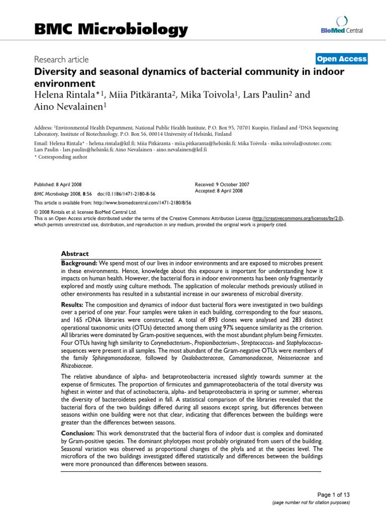 Diversity and Seasonal Dynamics of Bacterial Community in Indoor ...