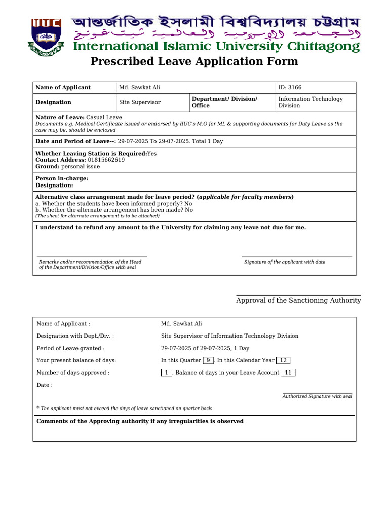 Casual Leave Application Form | PDF