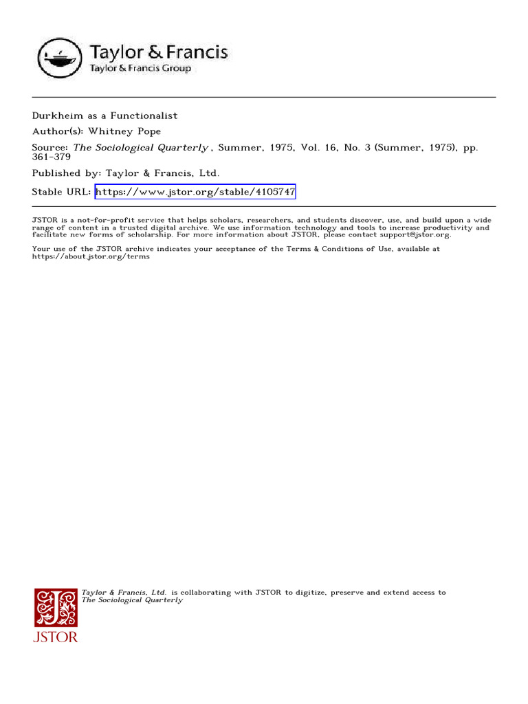 Durkheim's Functionalism Explained | PDF | Émile Durkheim | Sociology