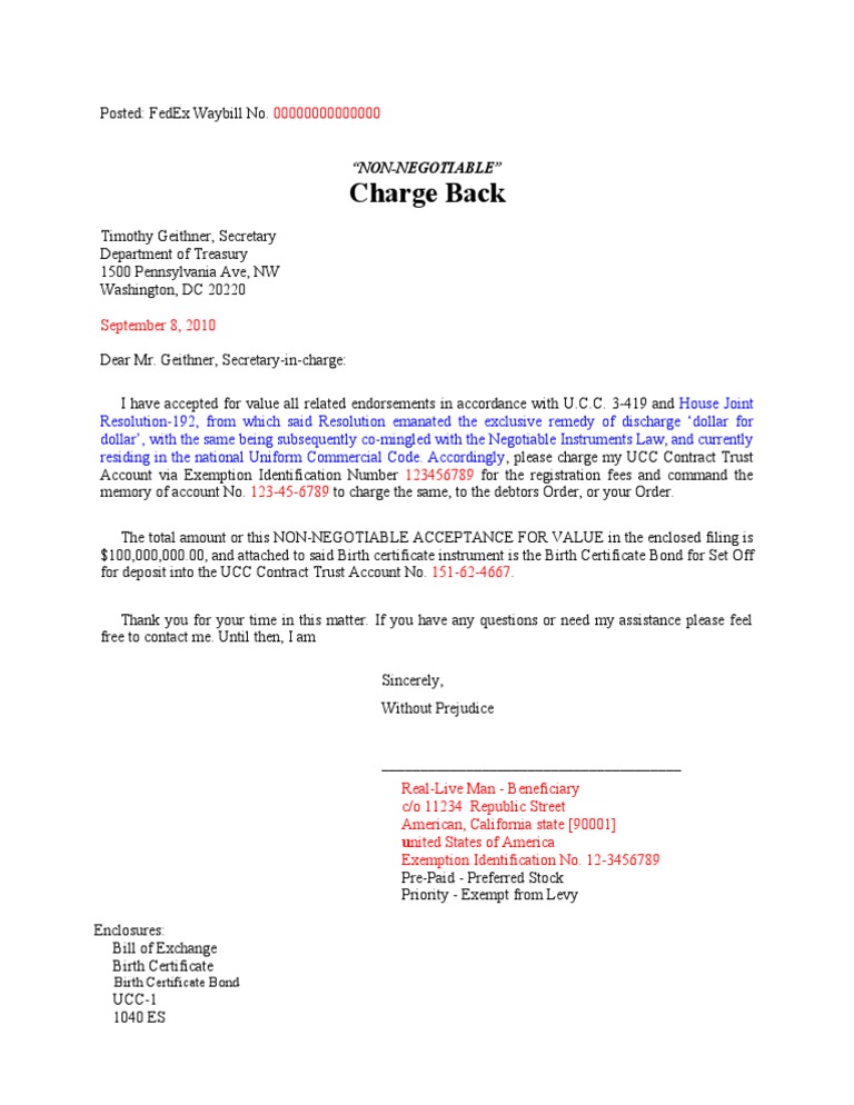 6 NEW Charge Back Cover Letter BOE No. 1 Uniform Commercial Code