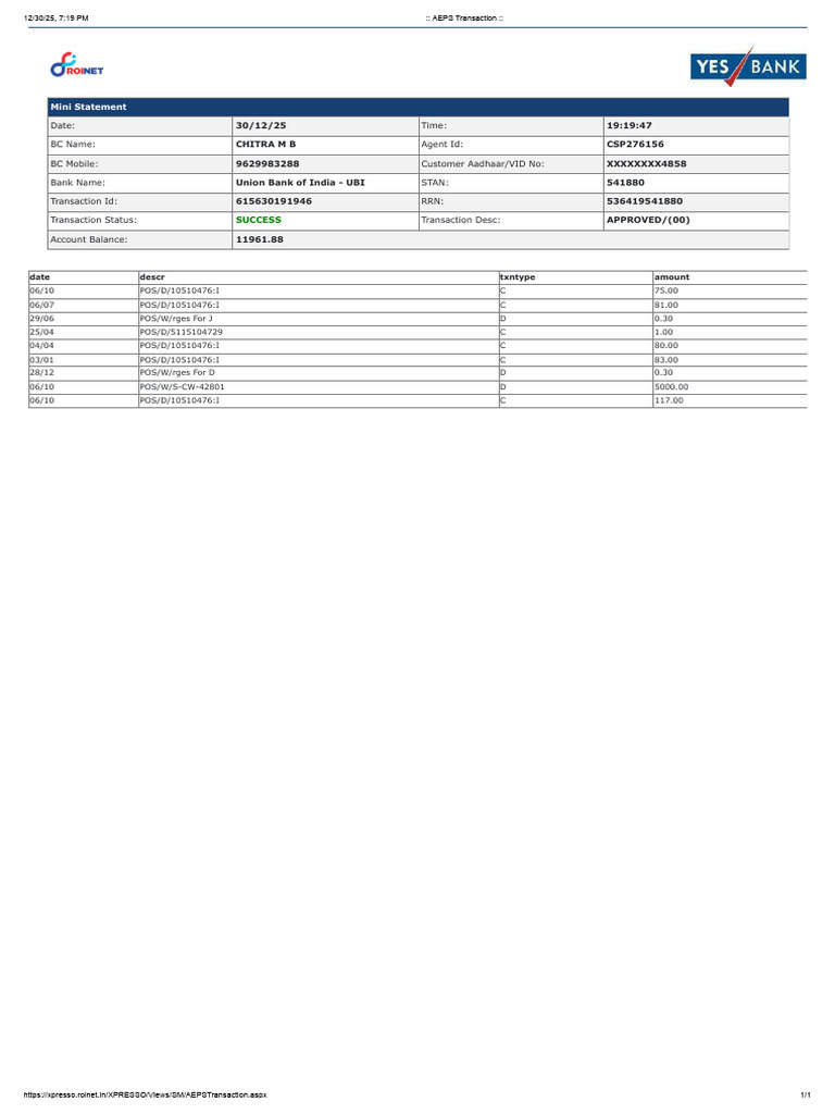 Aeps Transaction Chitra | PDF