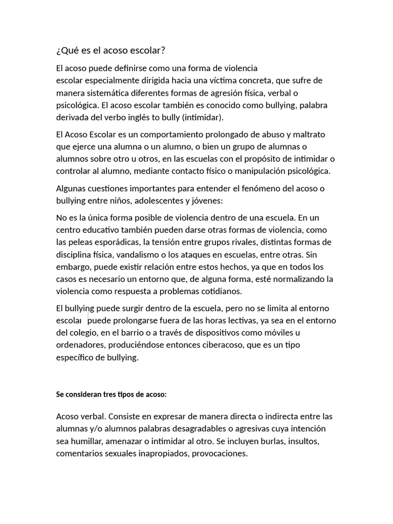Definición y tipos de acoso escolar | PDF | Acoso cibernético | Violencia