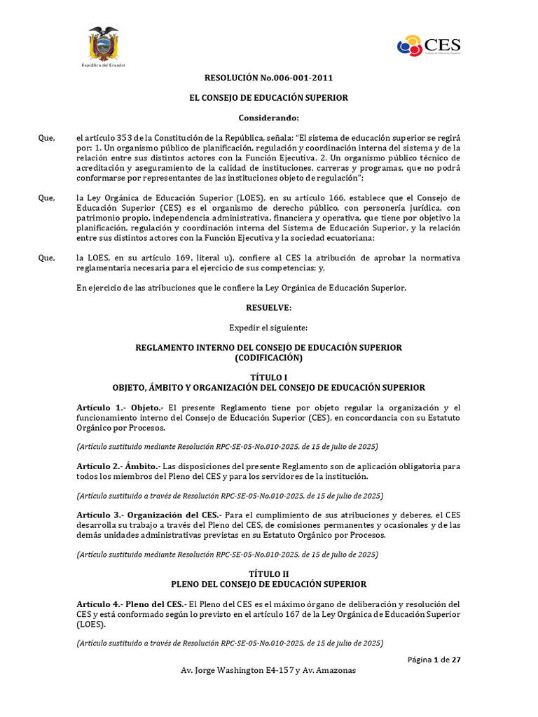Reglamento Interno del Consejo de Educación Superior | PDF | Regulación ...