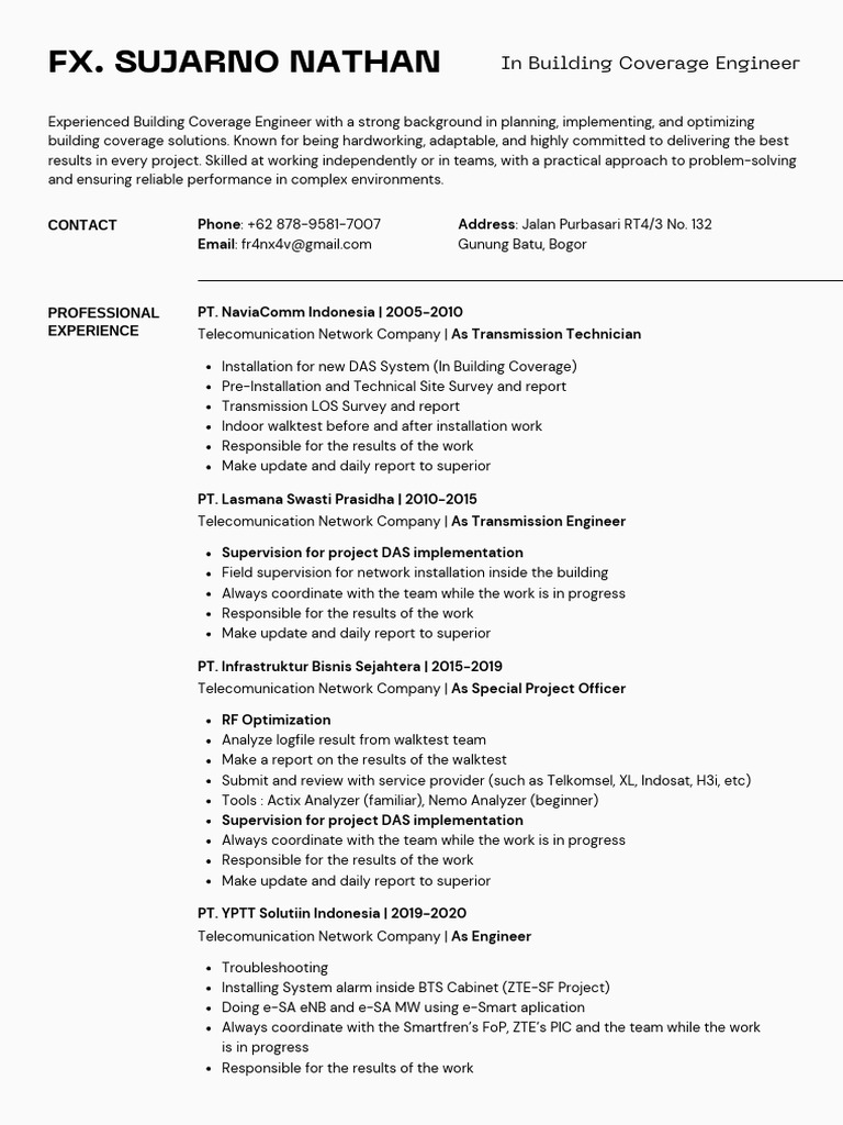 In-Building Coverage Engineer Profile | PDF | Computing