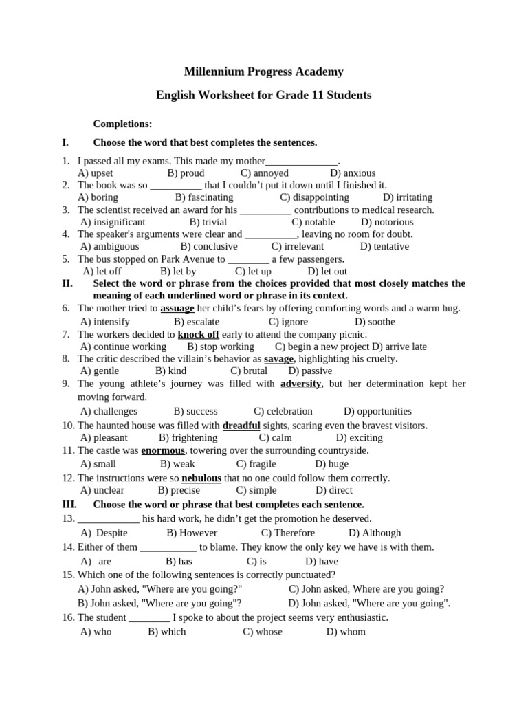 Grade 11 English Worksheet Exercises | PDF | Adjective | Verb