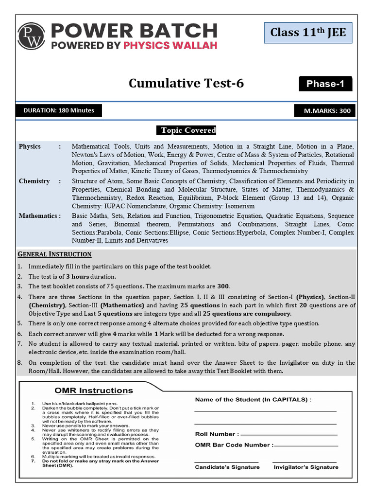 Power Batch Class-XI JEE Main Phase-1 Cumulative Test-6 Question | PDF ...
