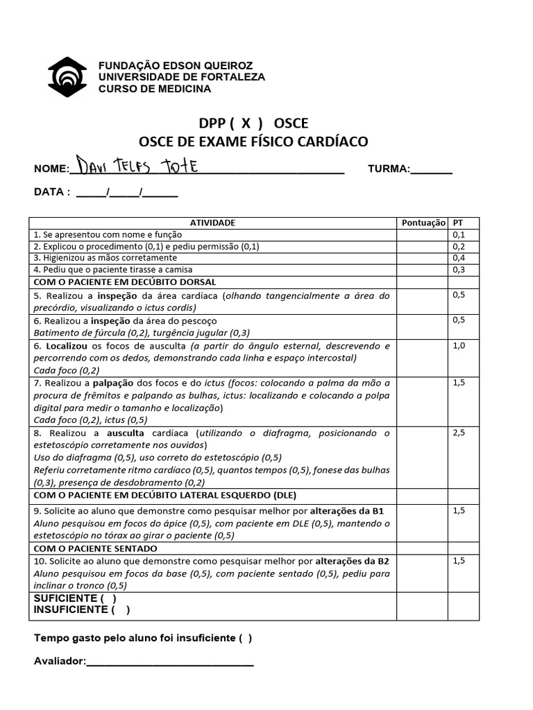 Avaliação OSCE: Exame Físico Cardíaco | PDF | Coração