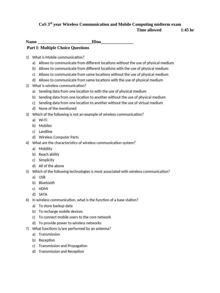 Wireless Communication Midterm Exam | PDF | Wireless | Mobile Computing