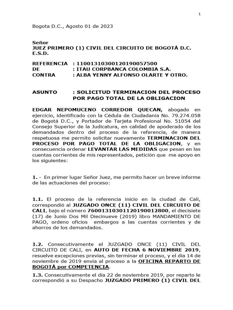 Solicitud de Terminación de Proceso Judicial | PDF | Bancos | Liquidación