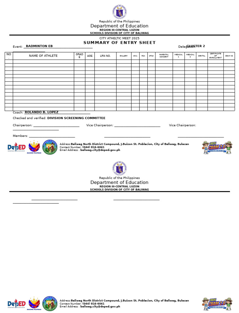 Baliwag City Athletic Meet 2025 Entry Form | PDF