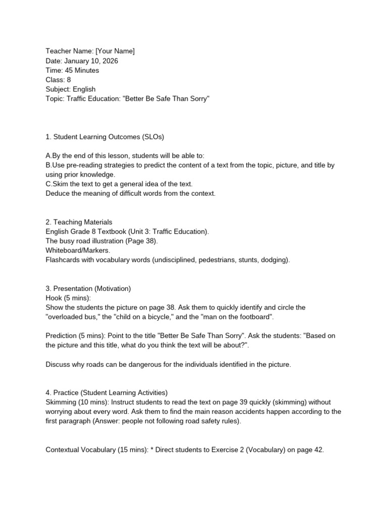 Traffic Safety Lesson Plan for Grade 8 | PDF