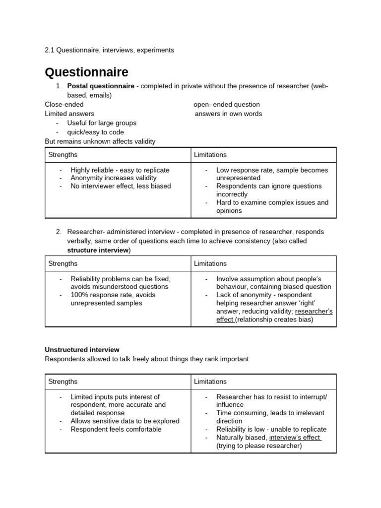 Research Methods: Questionnaires & Interviews | PDF | Experiment ...