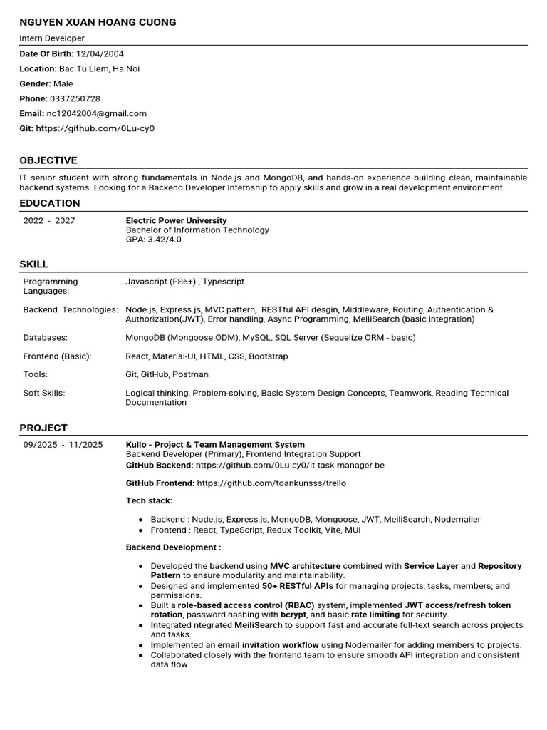 Backend Developer Internship Resume | PDF | Software Engineering ...
