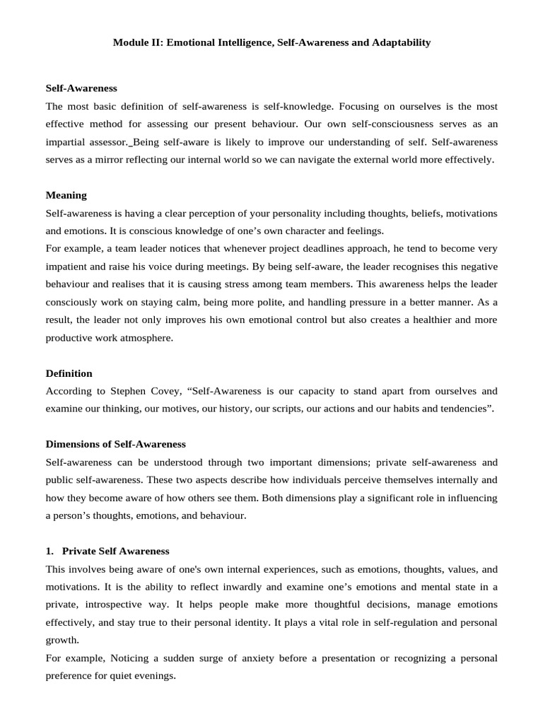 Self-Awareness and Emotional Intelligence | PDF | Self Esteem | Self ...