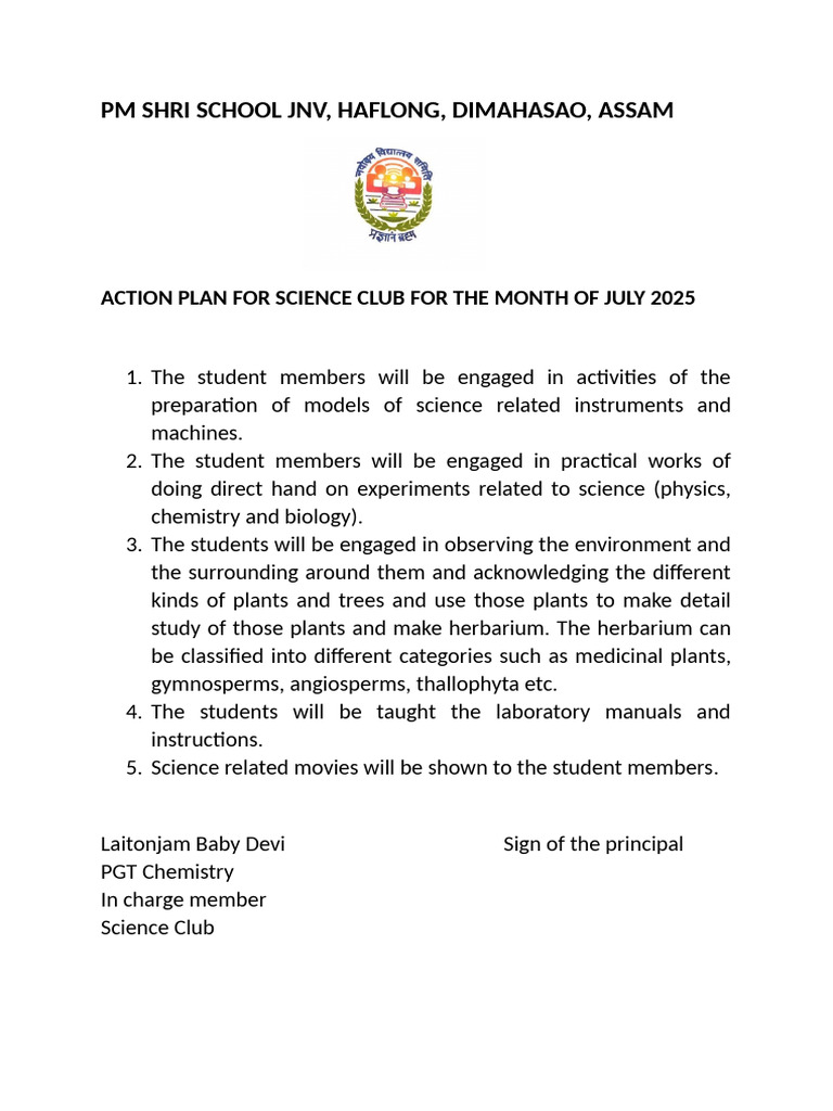 Science Club Action Plan July 2025 | PDF